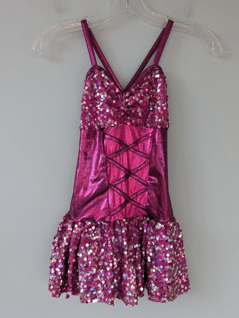 A Wish Come True Dance Costume Girls Magenta Pink Metallic Sequin Biketard Dress